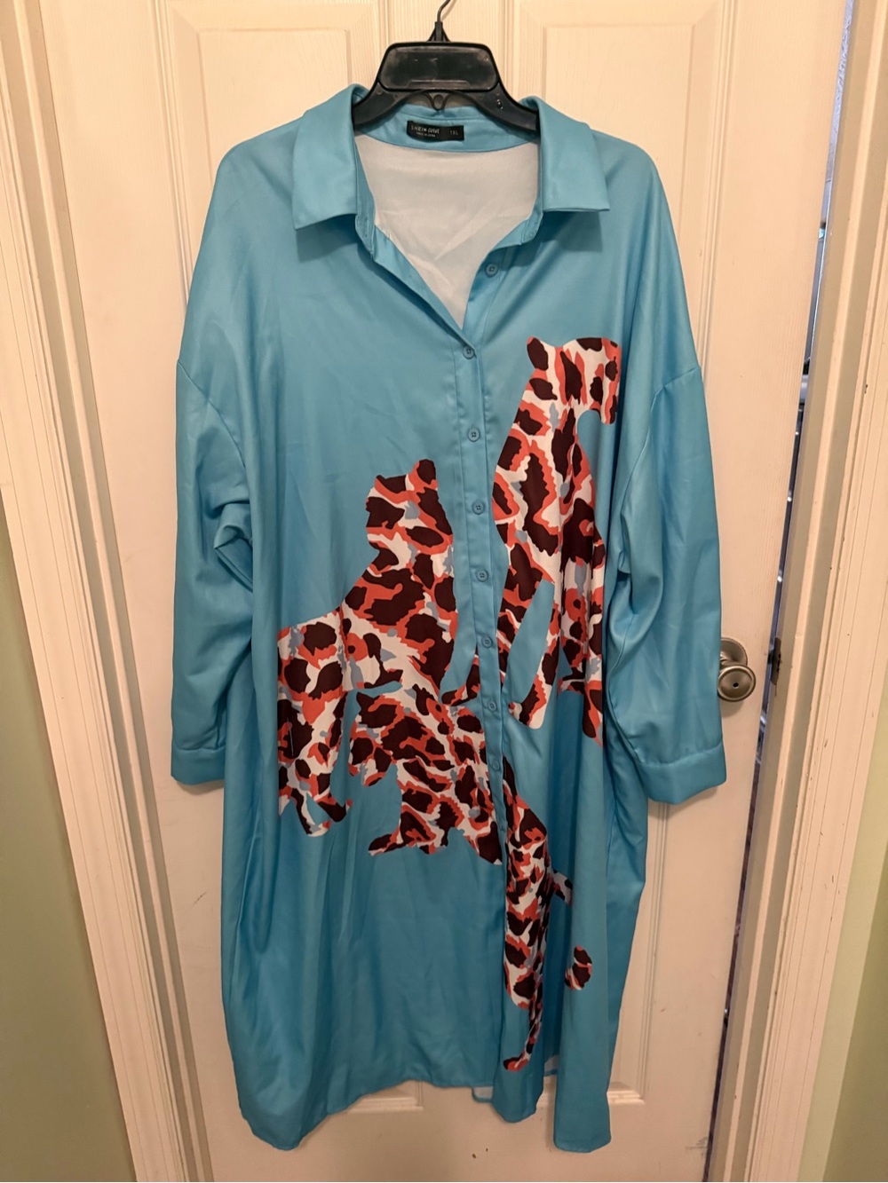 SHEIN Turquoise Blue Long Sleeve Shirt Dress with Red Brown Animal Print